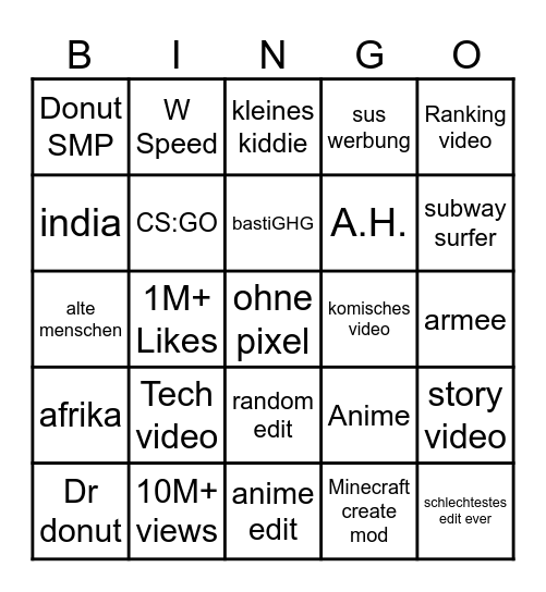 youtube shorts ka mann Bingo Card