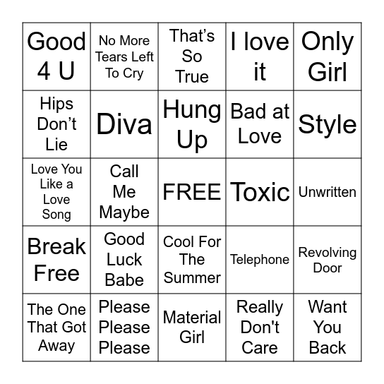 MUSIC BINGO- POP GIRLS Bingo Card