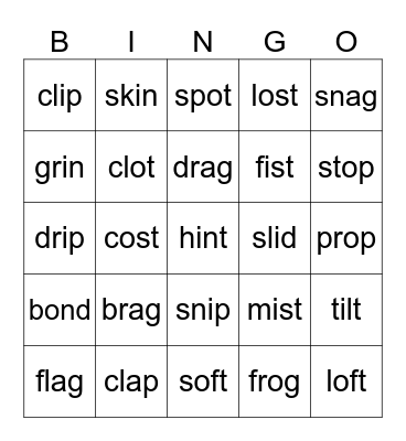 Short a, i, o, consonant clusters Bingo Card