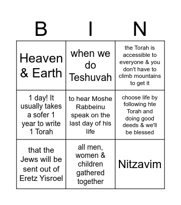 Nitzavim Bingo Card