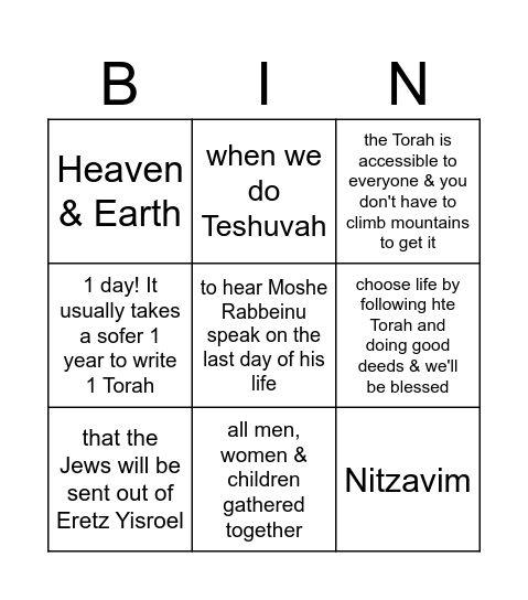 Nitzavim Bingo Card