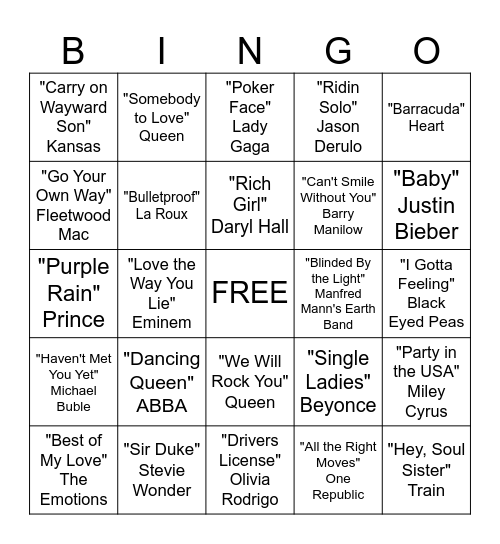 Musical Bingo Card