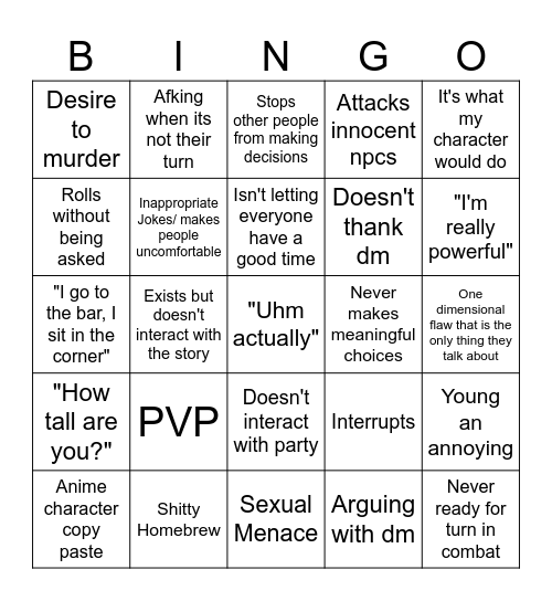 VRCHAT DND BINGO Card