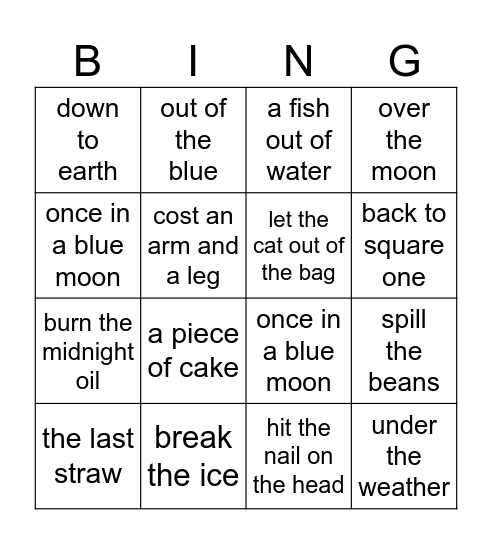 BINGO IDIOMS Bingo Card