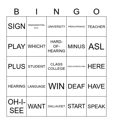 Signing Naturally, Unit 2 Bingo Card