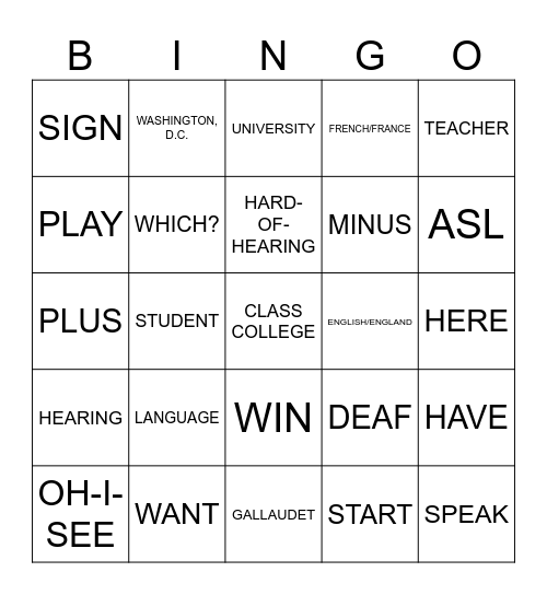 Signing Naturally, Unit 2 Bingo Card