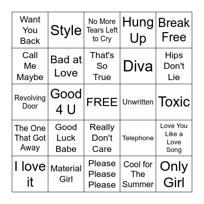 MUSIC BINGO- POP GIRLS Bingo Card