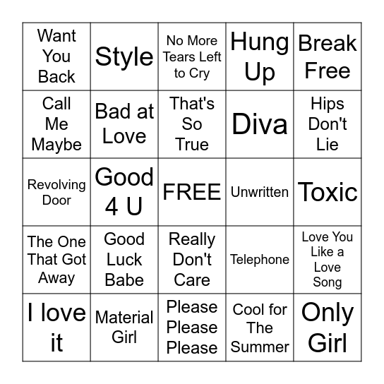 MUSIC BINGO- POP GIRLS Bingo Card