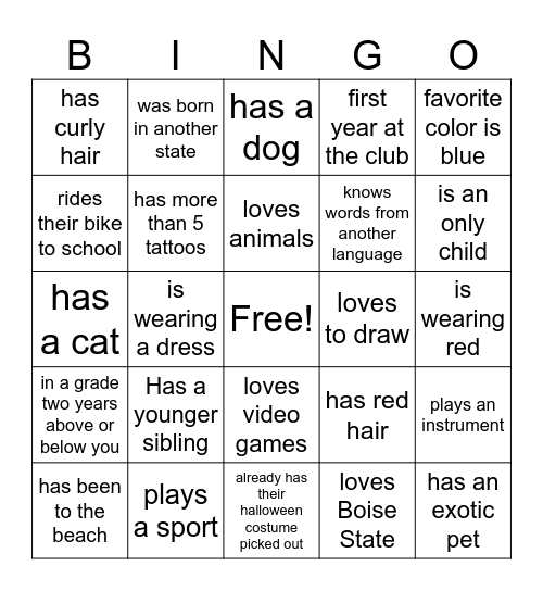 Boys & Girls Club Bingo Card