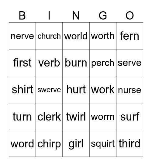 er, ir, ur, w plus or Bingo Card