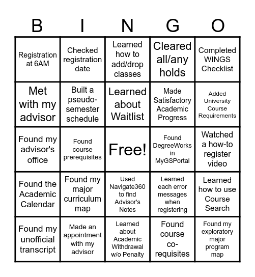 Academic Planning & Registration Bingo Card