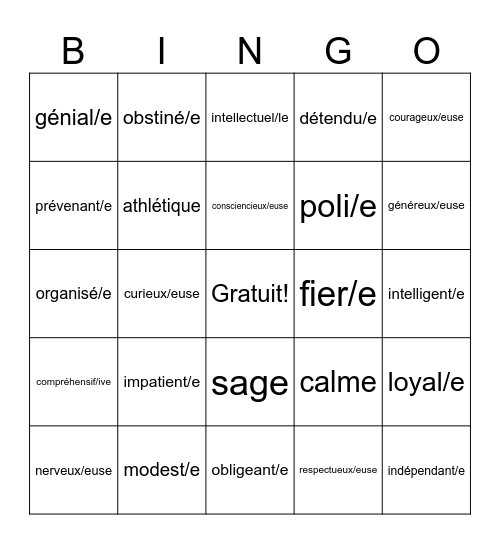Les adjectifs Bingo Card