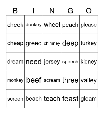 ee, ea, ey Bingo Card
