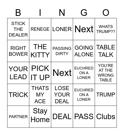 euchre Bingo Card