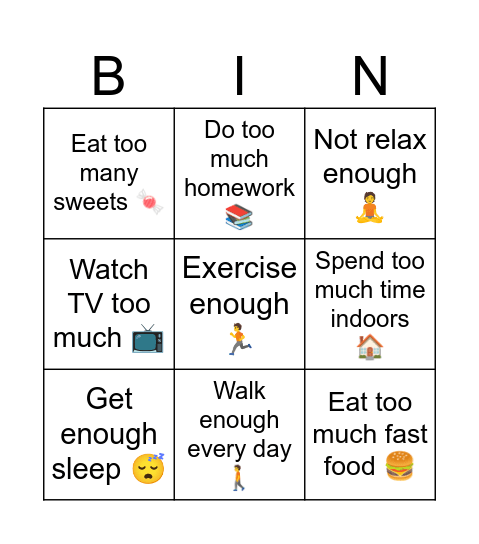Lifestyle Bingo Card