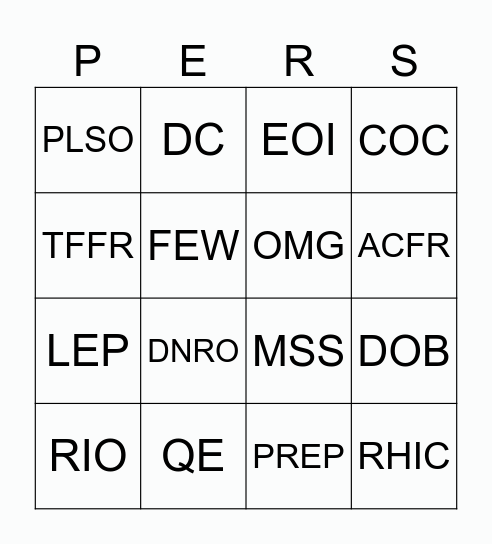 PERS BINGO Card