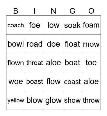 oa, ow, oe words Bingo Card