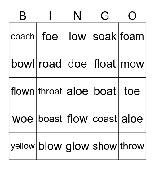 oa, ow, oe words Bingo Card