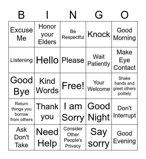 Manners Bingo Card