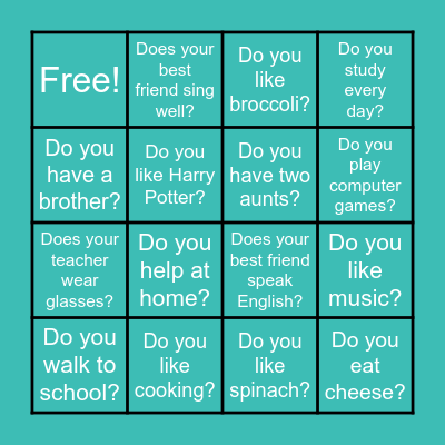 Bingo. Present simple questions Bingo Card