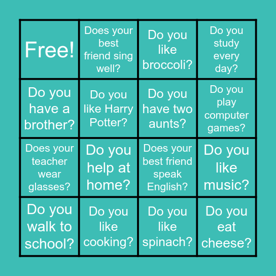 Bingo. Present simple questions Bingo Card