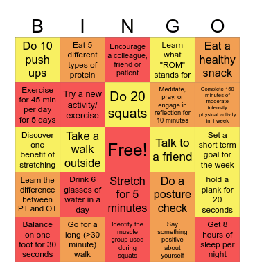 PT Month Wellness Challenge Bingo Card