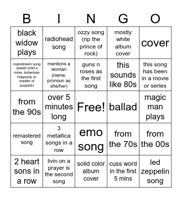 my playlist bingo Card