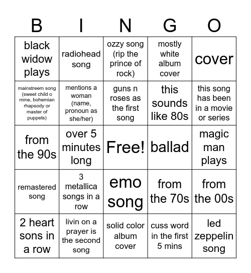 my playlist bingo Card