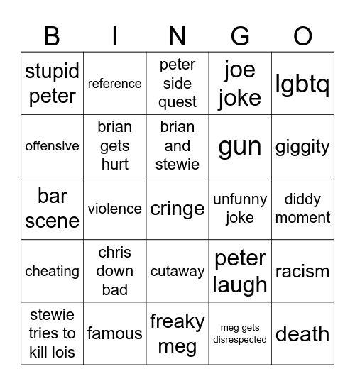 Family guy Bingo Card