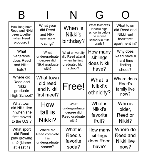 Nikki and Reed's Wedding Bingo Card