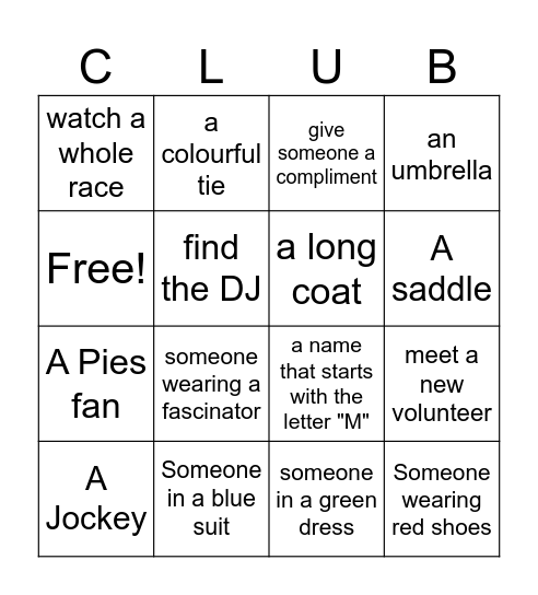 Club21 Race Day Bingo Card