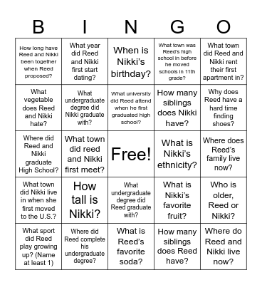 Reed and Nikki's Wedding Bingo Card