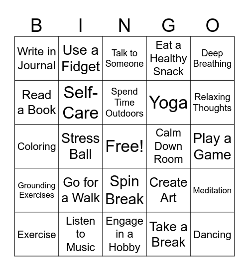 Coping Skills Bingo Card