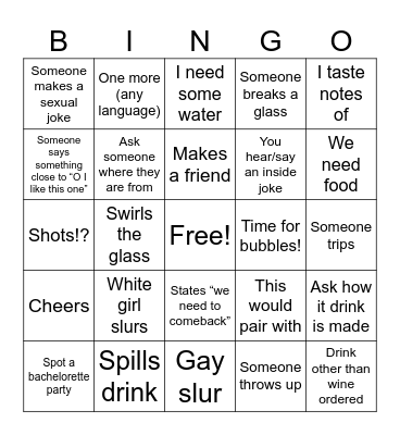 Ratchet Wine Trip Bingo Card