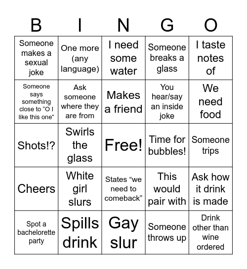 Ratchet Wine Trip Bingo Card