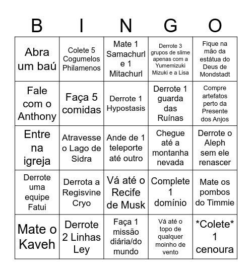 Genshin Lockout Bingo Card