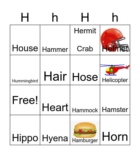 Letter H Bingo Card