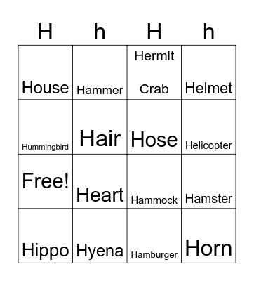 Letter H Bingo Card