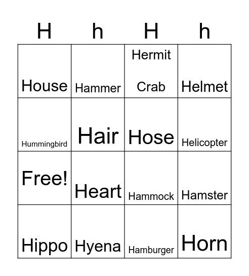 Letter H Bingo Card