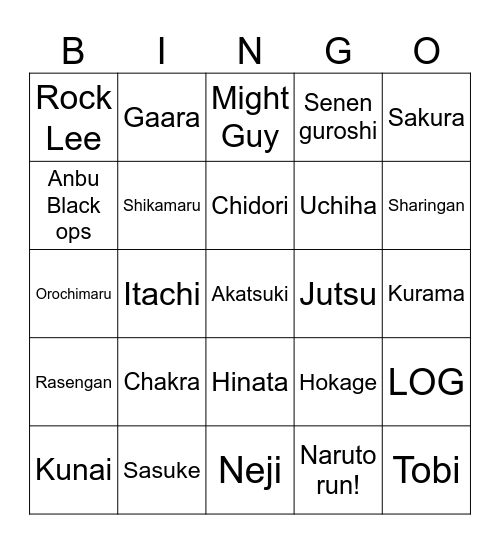Naruto Bingo Card