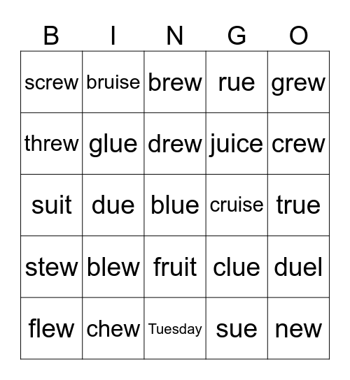 ew, ui, ue Bingo Card