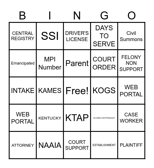 CHILD SUPPORT Bingo Card