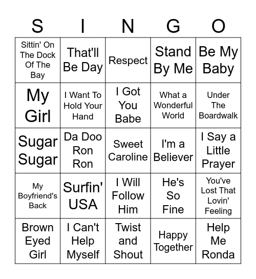 Oldies SINGO Bingo Card