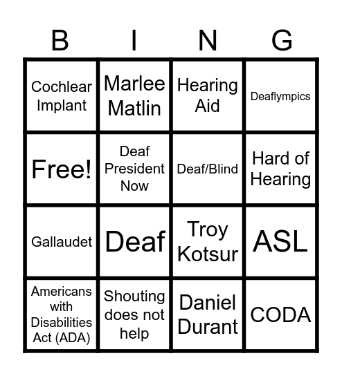 Deaf Awareness Bingo Card