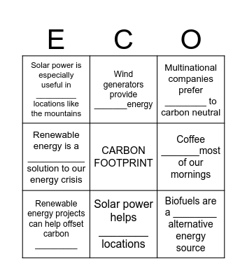 Ecologically Sound Bingo Card