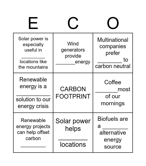 Ecologically Sound Bingo Card