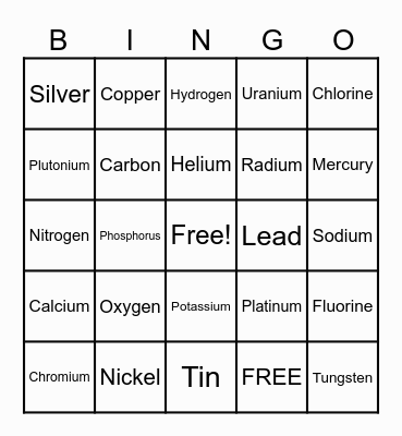 Table of Elements Bingo Card