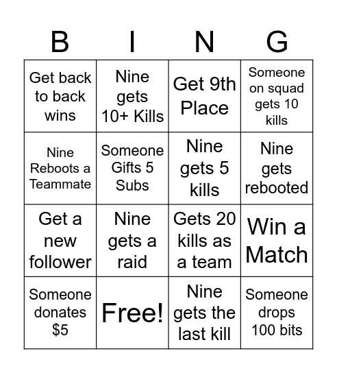FortNine and Friends Bingo Card