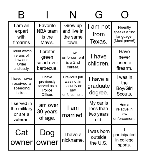 DALLAS POLICE ACADEMY Bingo Card