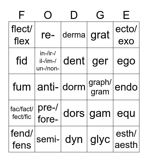 Root Word Review: D, E, F, G Bingo Card